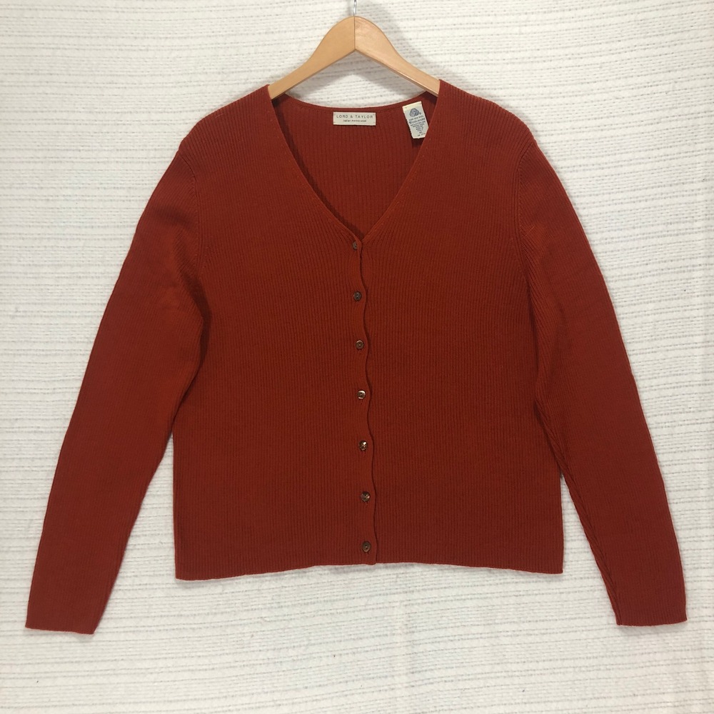 Lord & Taylor Merino Cardigan Sweater in Rust